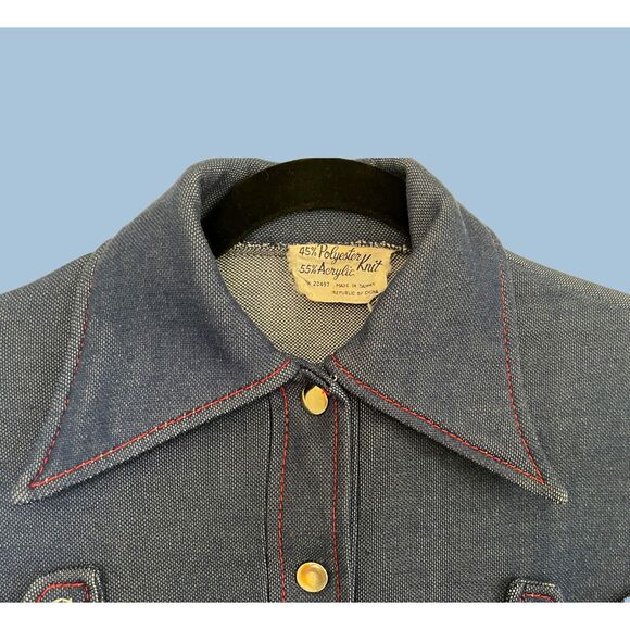 VTG Blue Knit Denim-look 70s jacket top pink accent zippers Med - Picture 2 of 7